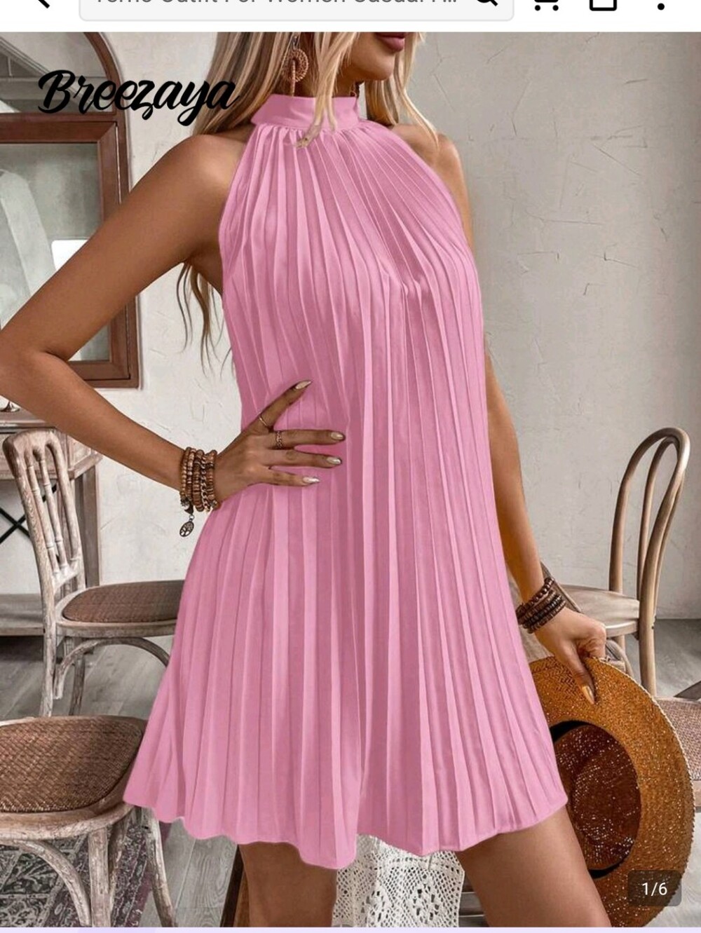 Breezaya Halter Off-Shoulder  Pleated Holiday Casual Dress Vacation Beach Outfit